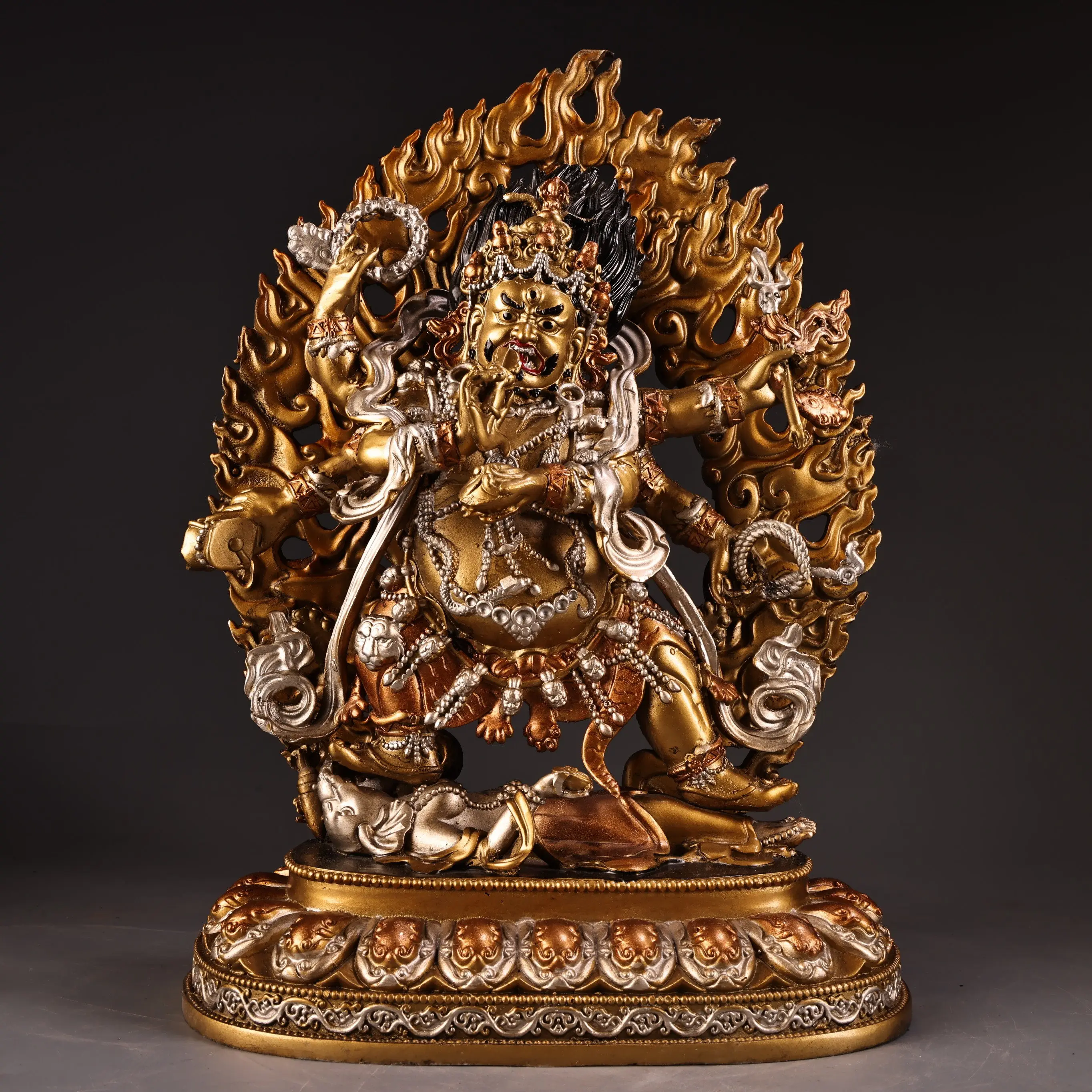 Bronze High Relief Engraved Tibetan Six Arm Mahakala Statue Gold Silver Painted Heavy Patina Fine Art Collectible