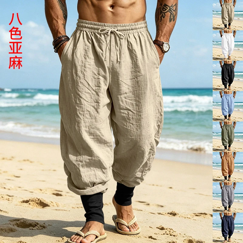 AmericanLinenJoggerPants, ColorBlock, DrawstringCuffed, BreathableLooseTrousersfor Beach CommuteVacation, Wholesale Available