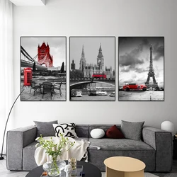 3PCS Frameless Poster Eiffel Tower London Big Ben Landscape Pictures Wall Art Decor Black and Red Canvas Painting for Home Decor