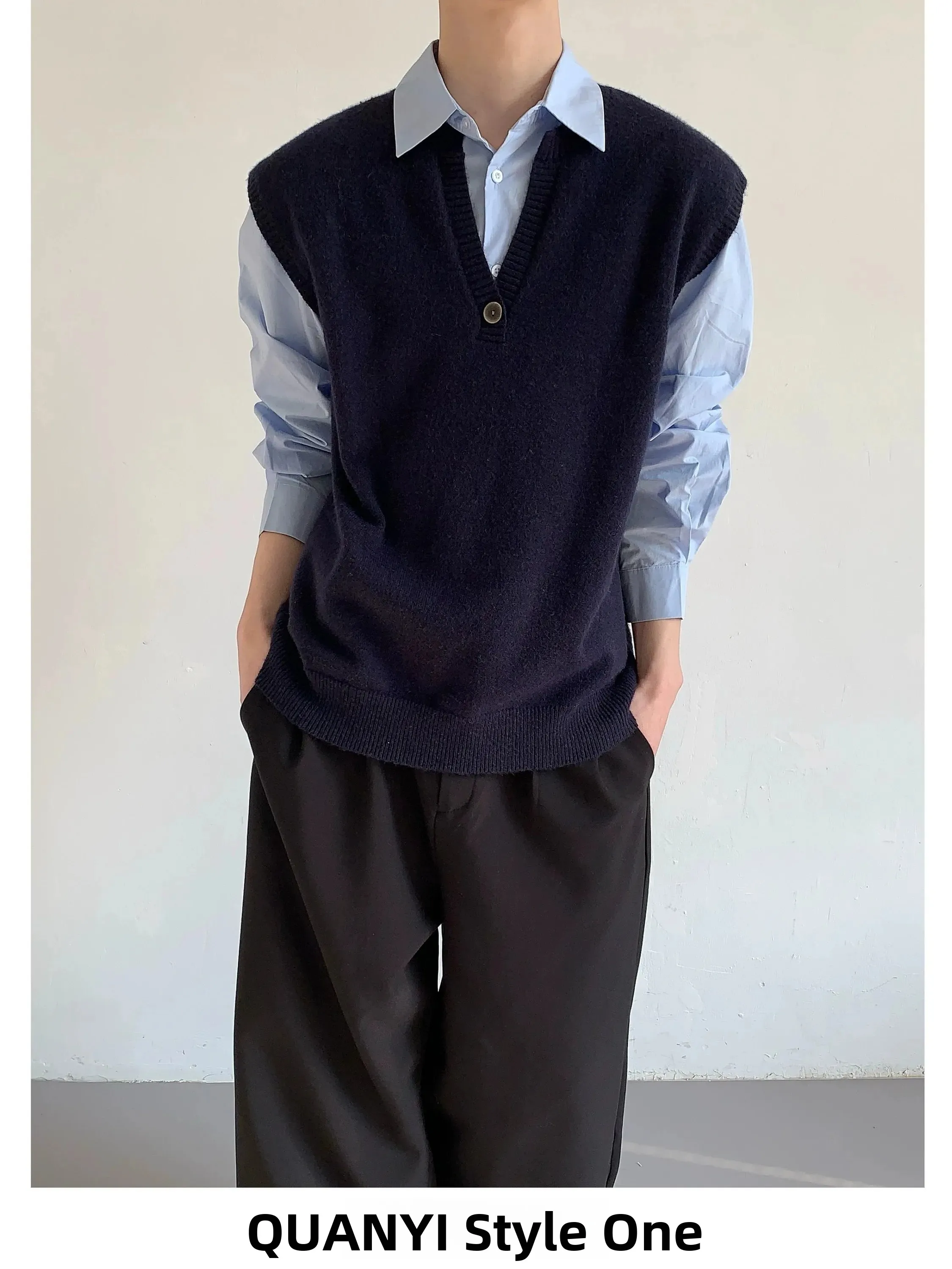 QuanYi Men's Knitted Vest Sleeveless Layering Vintage Preppy Style Neutral  Color Overhead No Sleeve Vest Autumn Wear