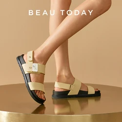 BEAUTODAY Casual Sandals Women Synthetic Leather Open Toe Roman Outdoors Shoes Metal Buckle Summer Beach Ladies Flats 34607