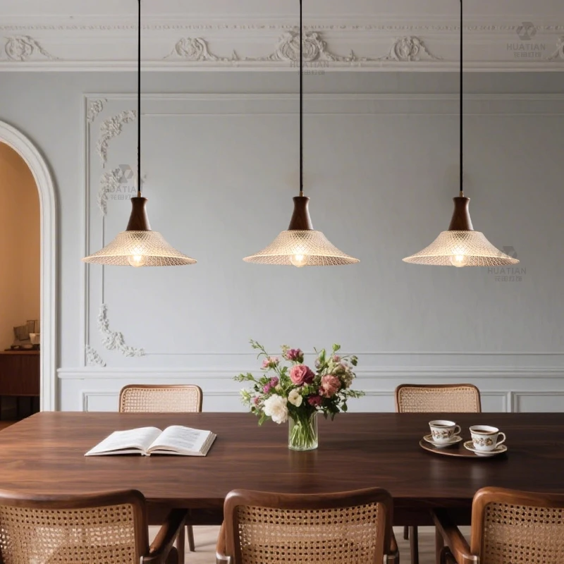 French Retro Walnut Glass Ripple LED Ceiling Pendant Lamps Restaurant Cafe Kitchen Study Interior Atmosphere Decor Hanging Light