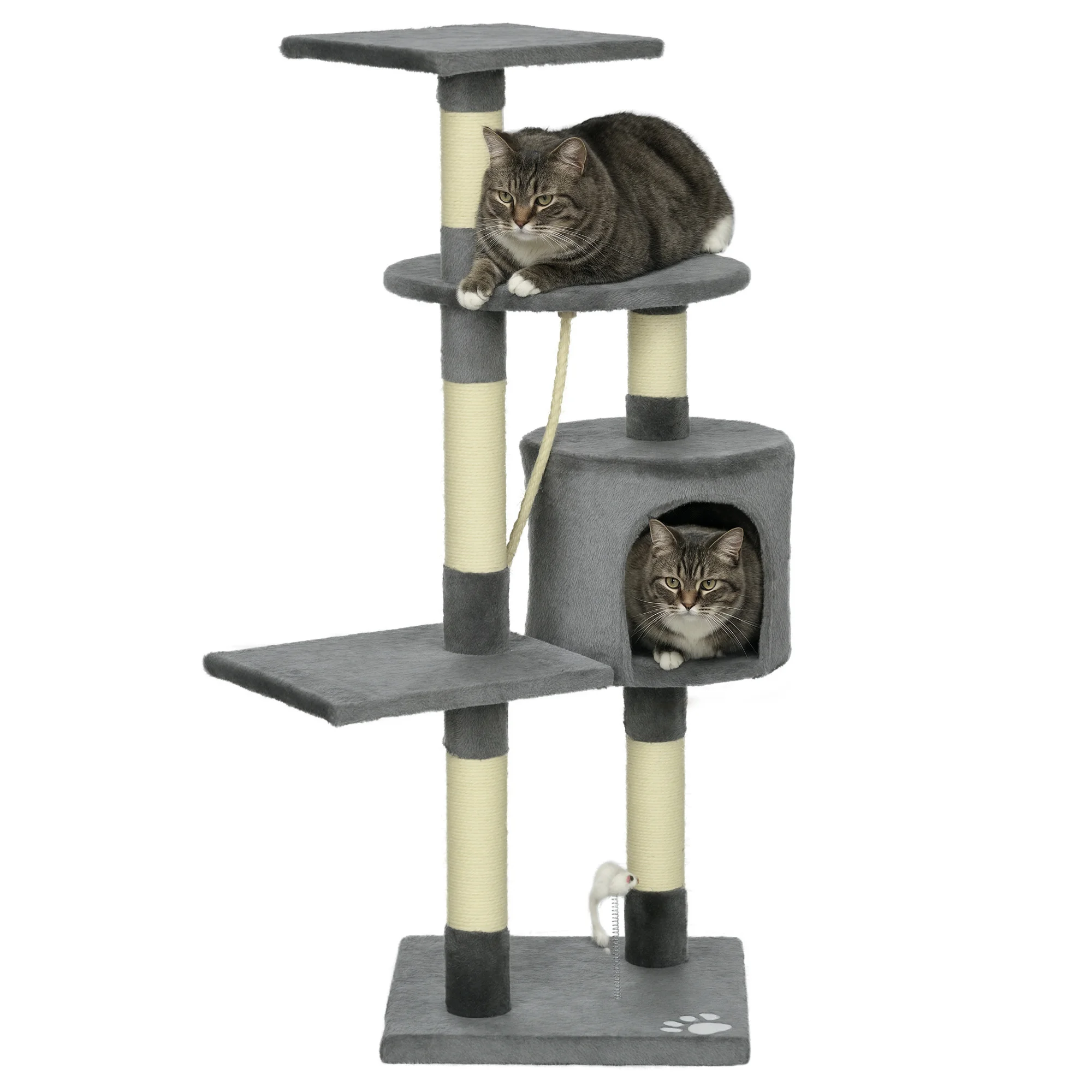 Pawhut Kattenkrabpaal Hoogte 116 cm Kattenboom Klimtoren met Sisal Krabpalen, Holle Platformen en Leuk Hangspeelgoed Donkergrijs
