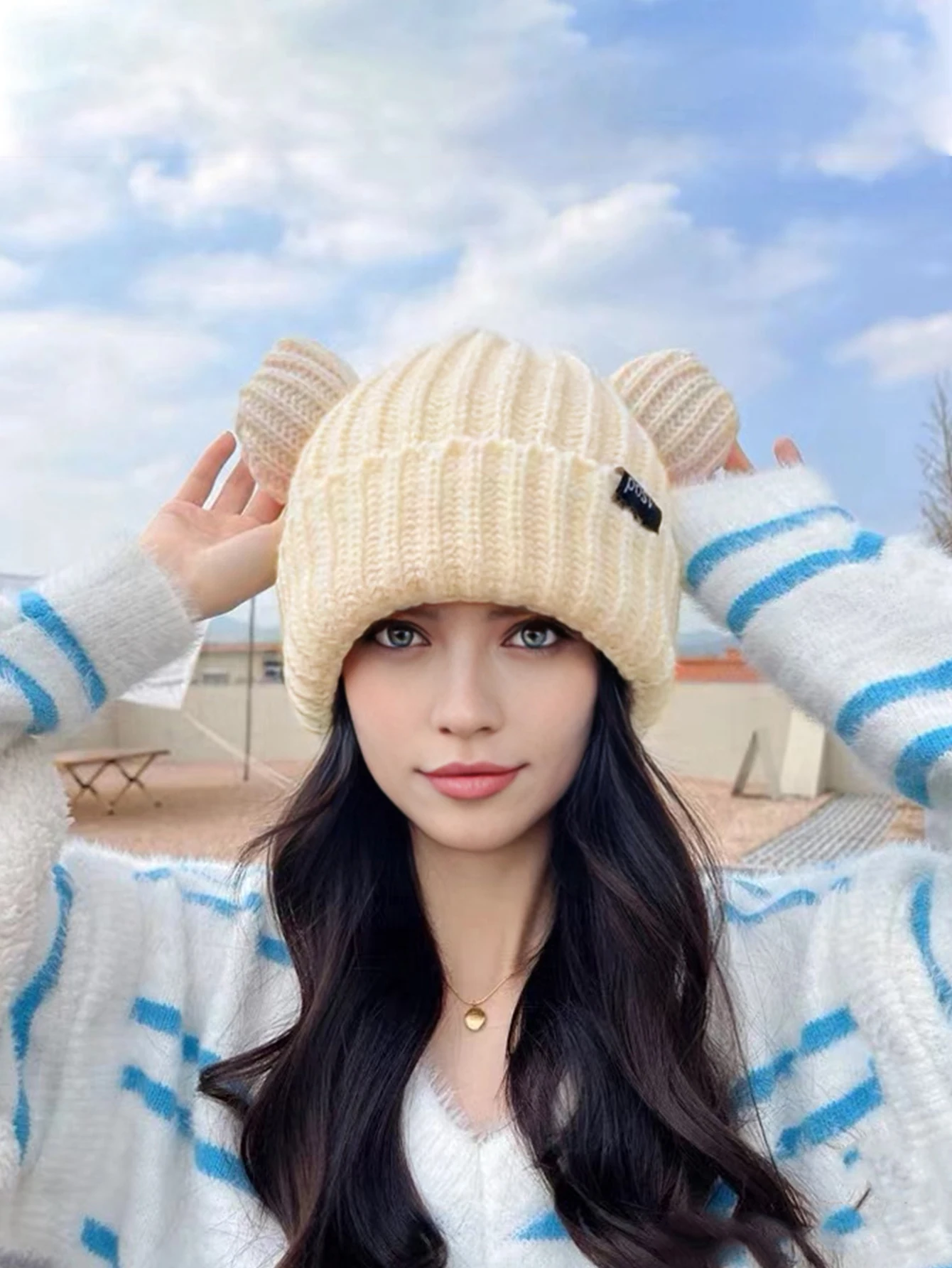 A Autumn Winter Hats Cute Bear Ears Warm Cap Knitted Earmuffs Hat