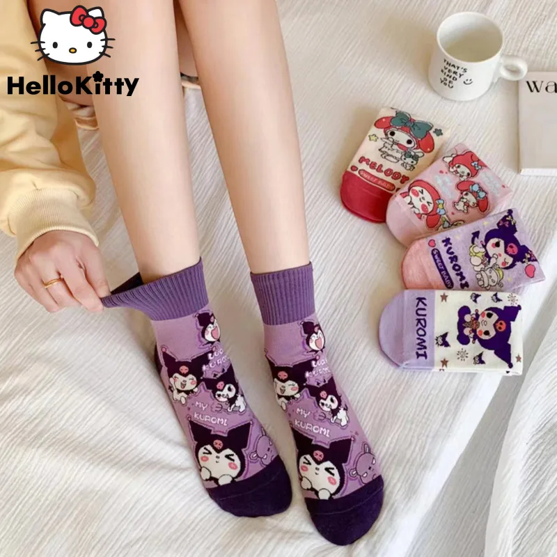 

Sanrio Kuromi Melody Cute Cotton Socks Y2k Girls Cartoon Spring Middle Tube Socks 5 Pairs Set Women Anime Fashion Accessories