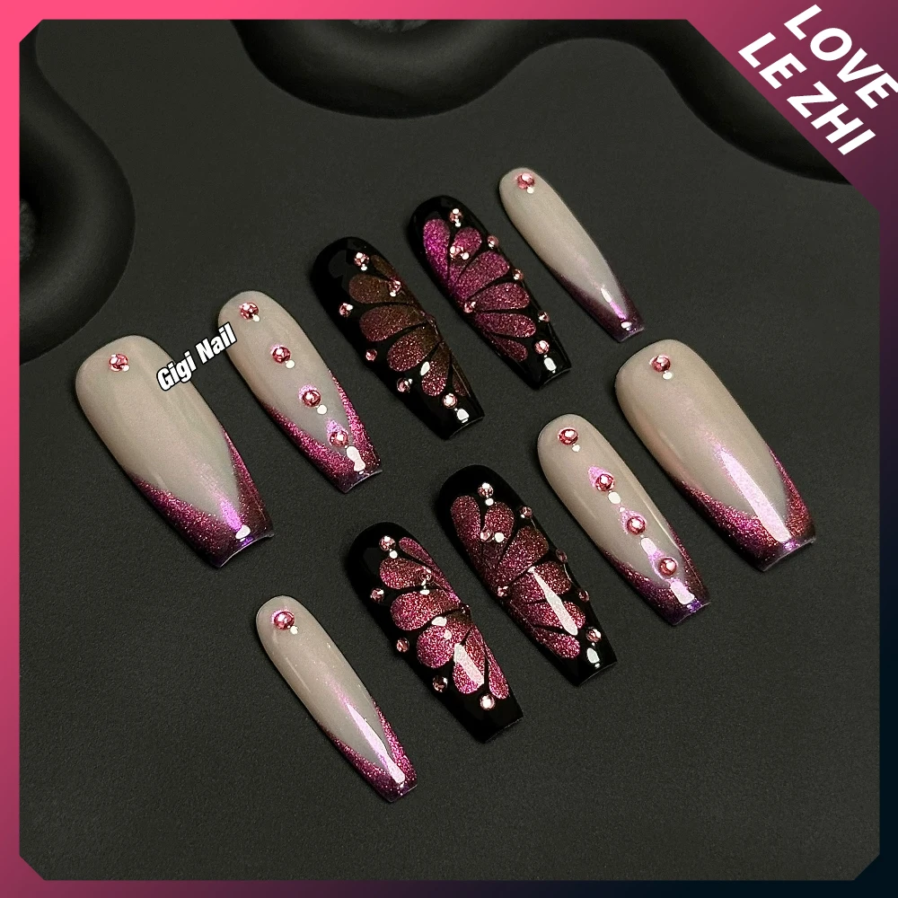 الحلو كول الشرير اليدوية نعش طويل انفصال اضغط على الأظافر مرآة سحرية مسحوق فراشة سلسلة لهب الفرنسية غطاء كامل الأظافر #6