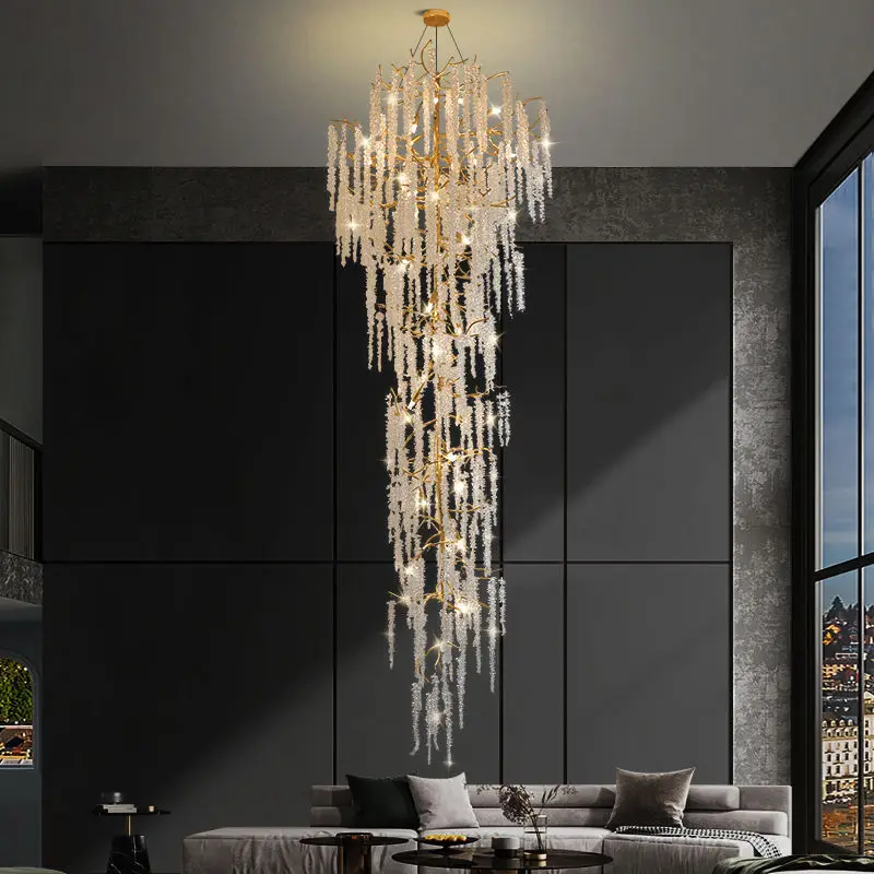 

Stair chandelier, postmodern light luxury duplex floor crystal lamp, high-end villa hollow loft designer