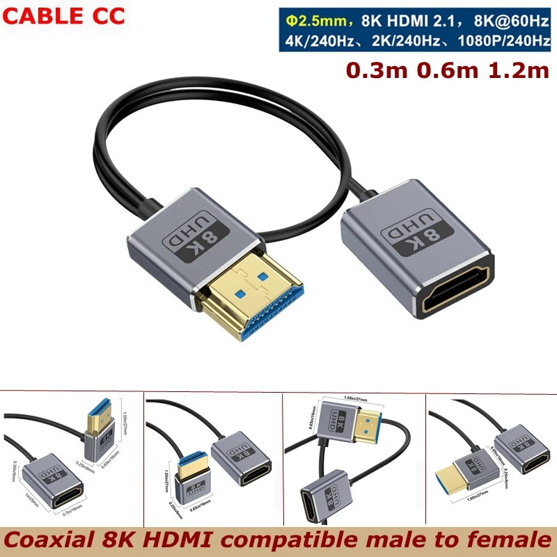 0.3m coaxial hd hd hdmi compatível macho para fêmea cotovelo 8k 2.1v cabo ultra alta velocidade 48gbps, ultra-fino Φ 2.5mm8k @ 60hz 4k @ 240hz