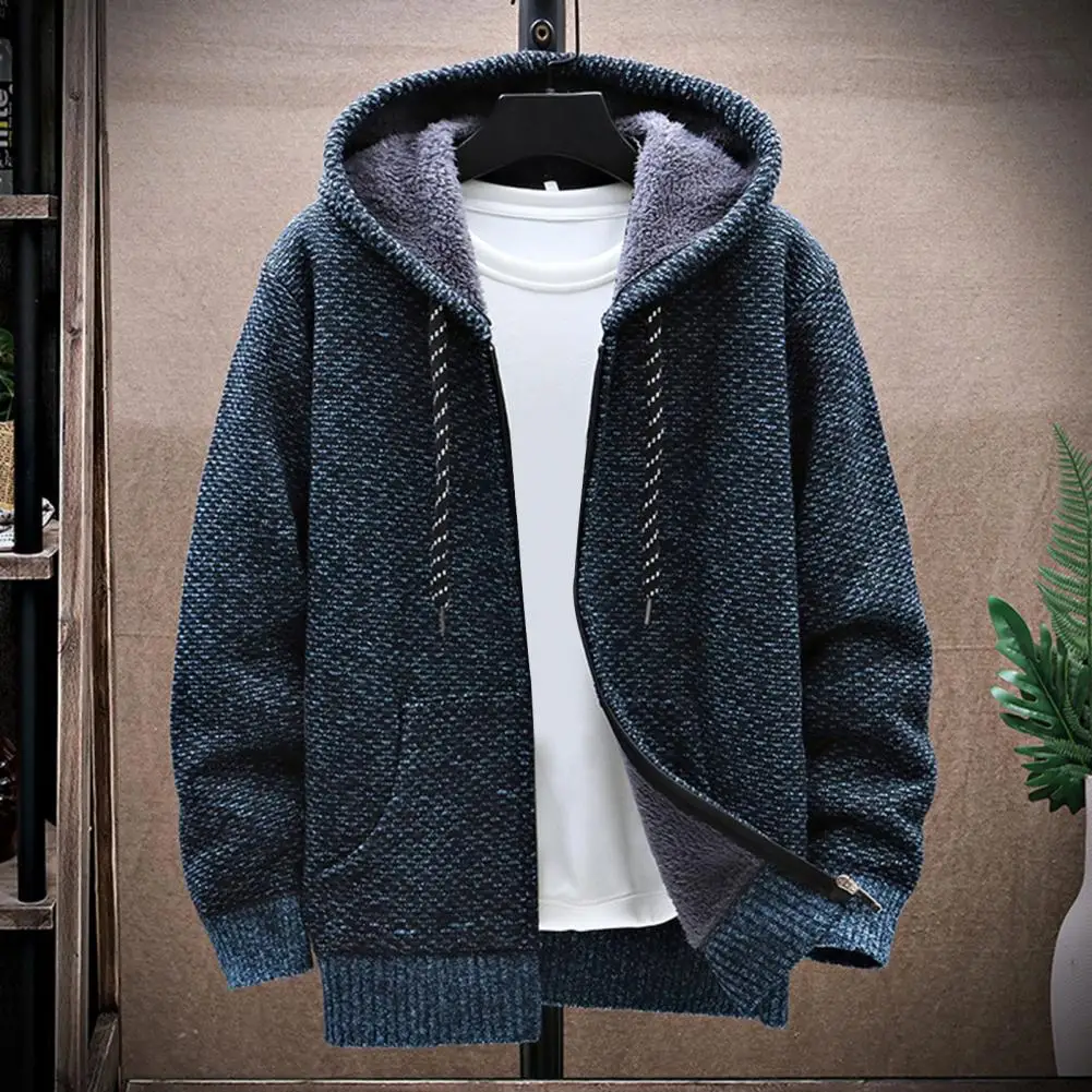 

Thickened Plush Lining Knitted Sweater Coat Warm Pockets Men Hoodies Drawstring Hood Knitting Coat Casual Sweatshirts Streewear