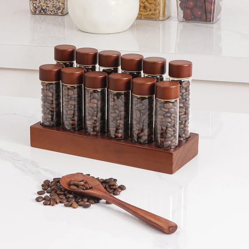 

Single Dose Coffee Bean Storage Tubes Coffee Bean Cellar 12 Pcs Set Dosing Glass Vials With Lids Wooden Display Stand And Funnel
