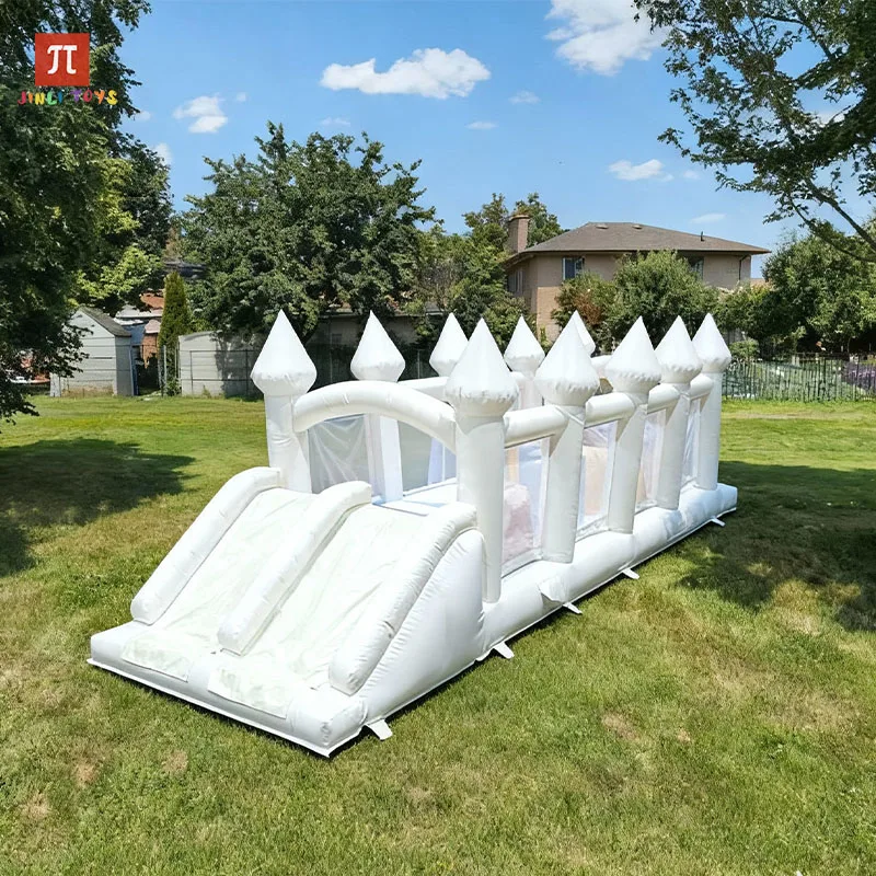 

White Inflatable Obstacle Course with Slide and Ball Pit, Wedding - Themed Inflatable Bouncer for Kids, Bouncy Castle Playhouse