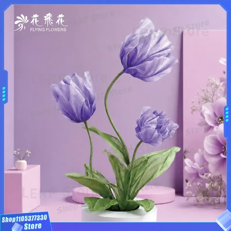 Large Blue Organza Tulip Artificial Flower Handmade Simulated Bloom High End Home Decor Ornament For Space Arrangement
