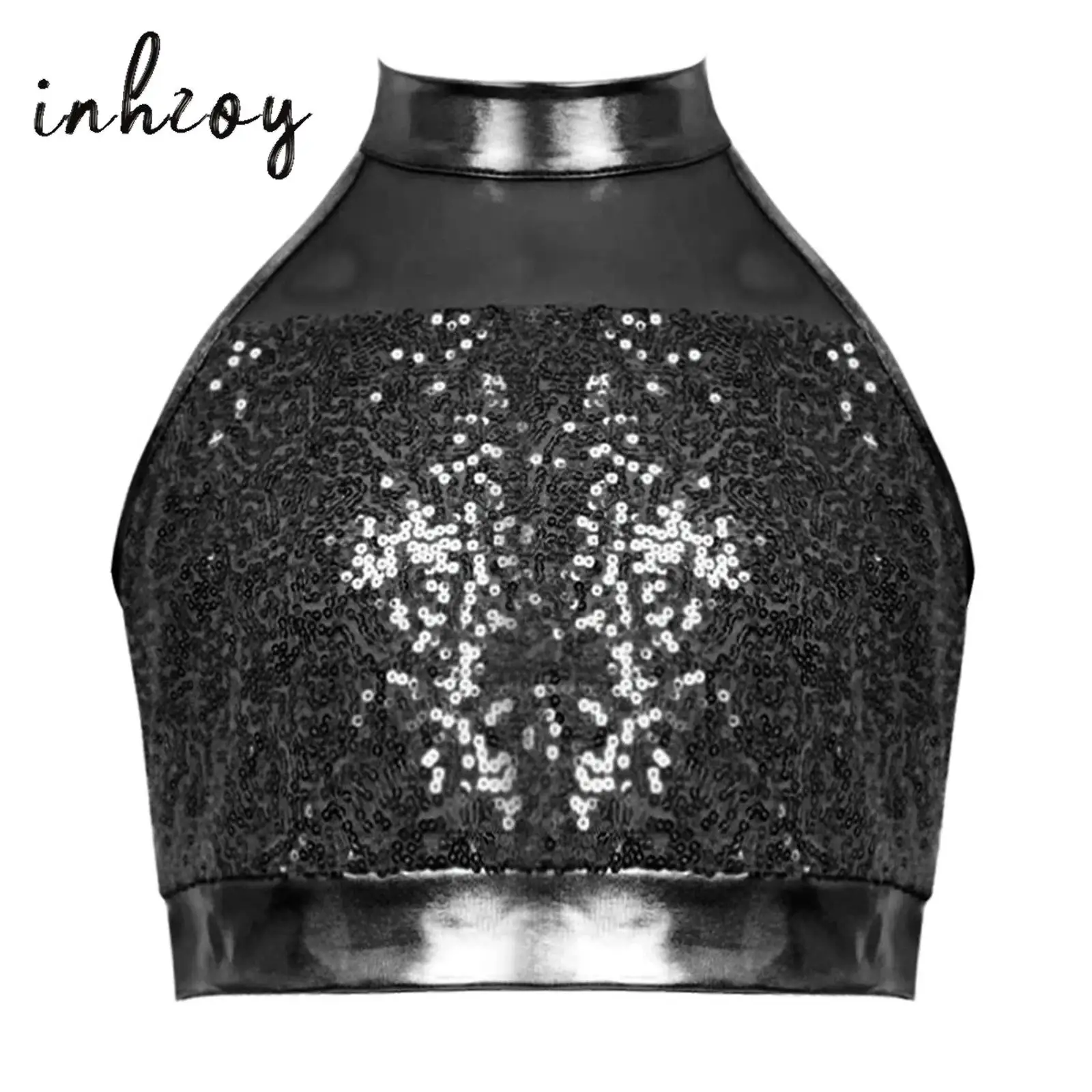 

Kids Girls Jazz Latin Dance Crop Top Sleeveless Mock Neck Glitter Sequins Mesh Patchwork Keyhole Back Tank Tops for Performance
