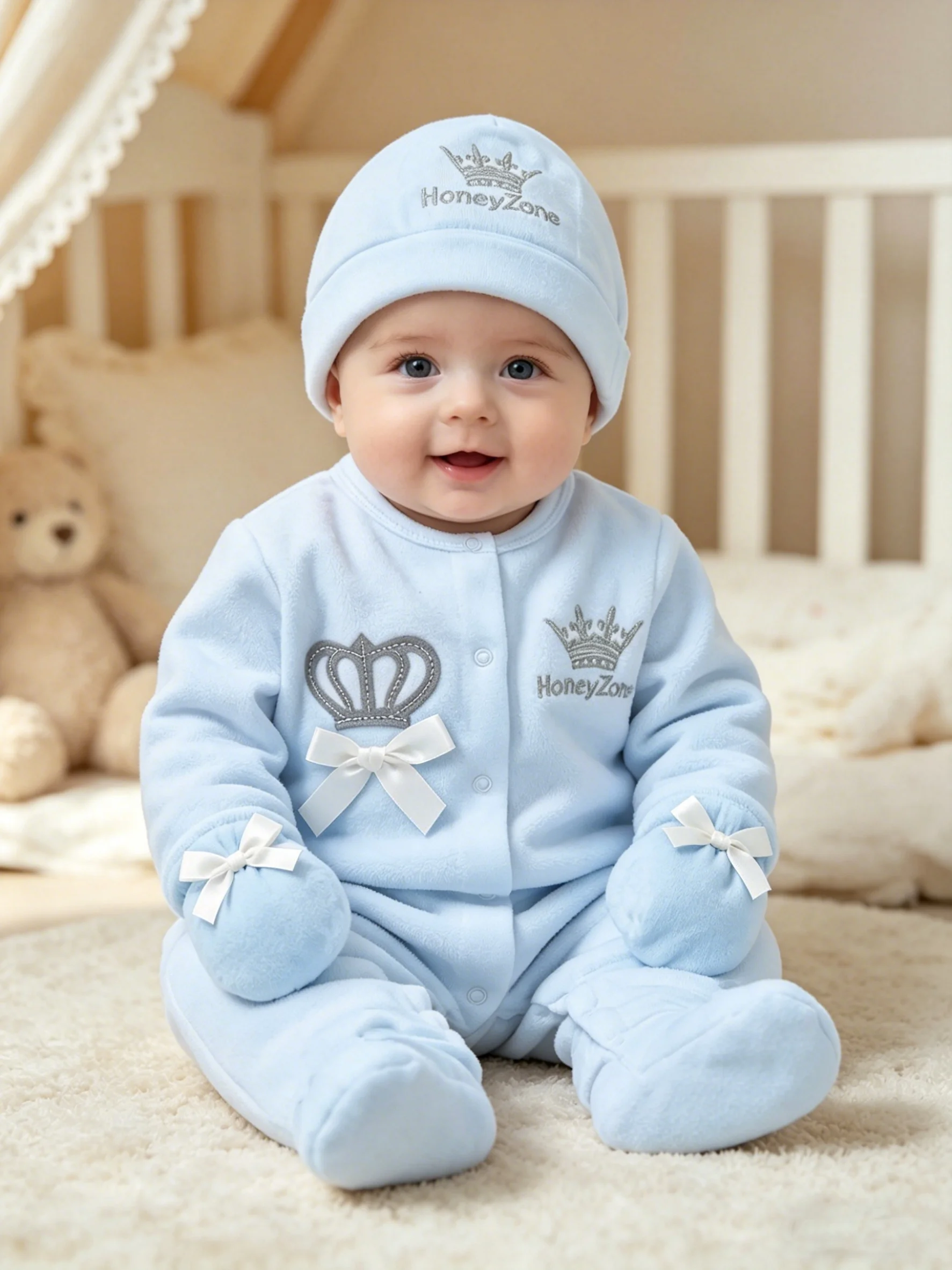Baby Jungen Strampler-Set mit Kronen-Stickerei, Herbst, Hellblau, Doppelstrick-Baumwolle, Langarm, mit Füßen, mit Mütze und Handschuhen, 1 Set – Detail 4