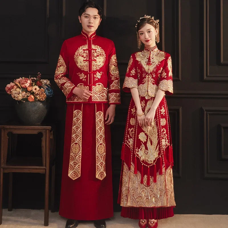 Xiuhe Retro Chinese Wedding Dress EmbroideryTraditional Cheongsam Vintage Red Formal Qipao Women Man Oriental Style Plus Size