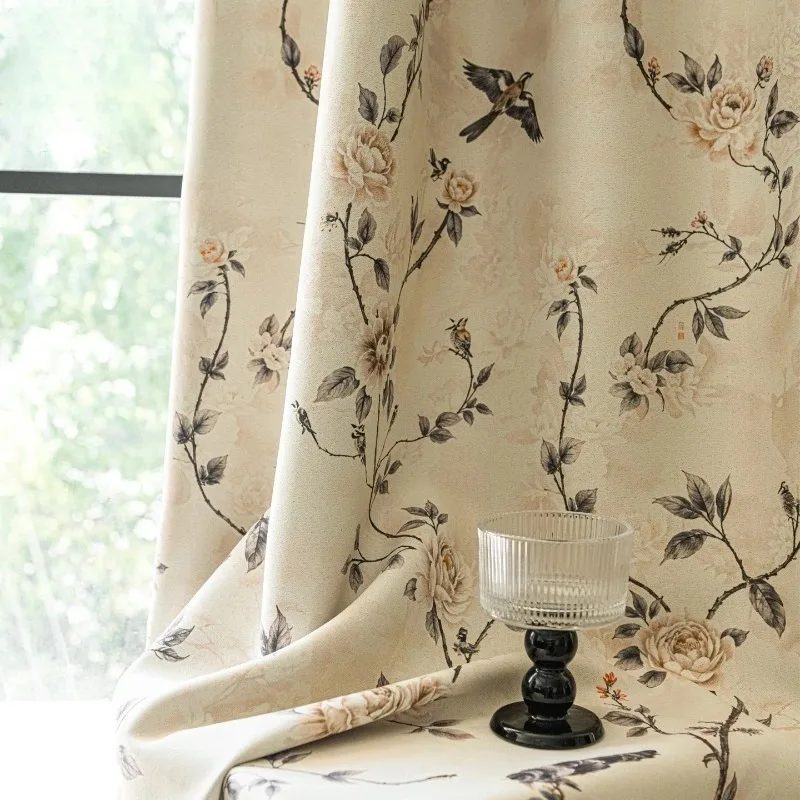 Milk Apricot Vintage Chenille Luxury New Chinese Full Blackout Curtains for Bedroom Living Room Window Customized