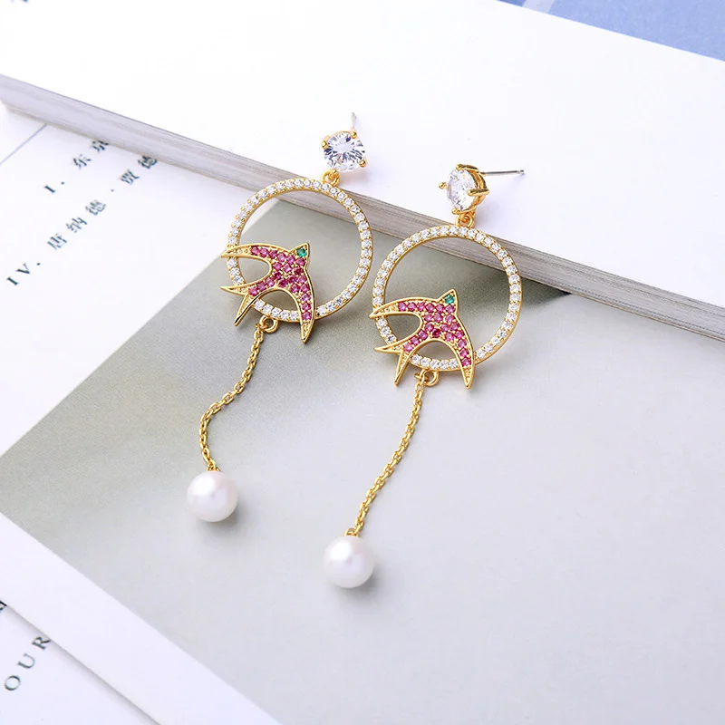 Elegant Swallow Shape Pearl Drop Earrings for Women, Gold Plated Pink Zircon Long Chain Dangle Earrings, Daily Party Jewelry