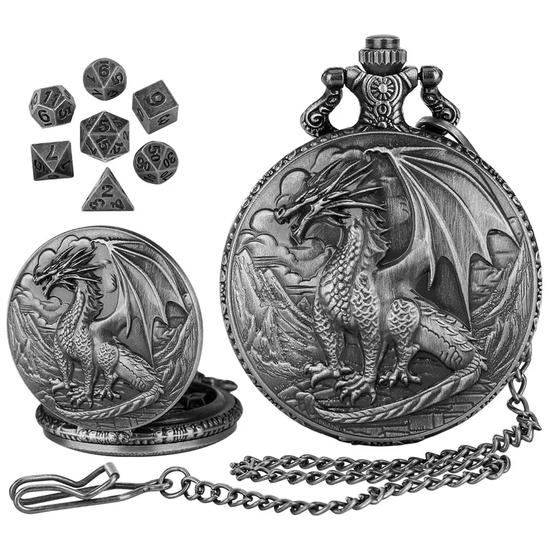 Vintage Carved Dragon Pocket Watch Case Pendant Chain 7 X Tiny Polyhedral Metal Dice Set Gaming Accessory for Role Play