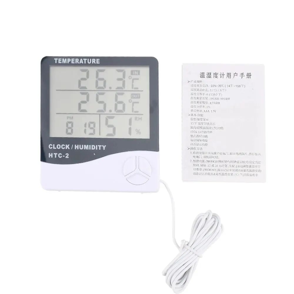 LCD Digital Temperature Humidity Meter HTC-2 Home Indoor Outdoor Hygrometer Thermometer Weather Station with Clock