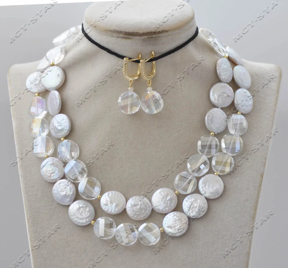 

Z13259 33" 15mm White Coin Freshwater Pearl Faceted Clean Crystal Necklace Earring Custom Jewelry