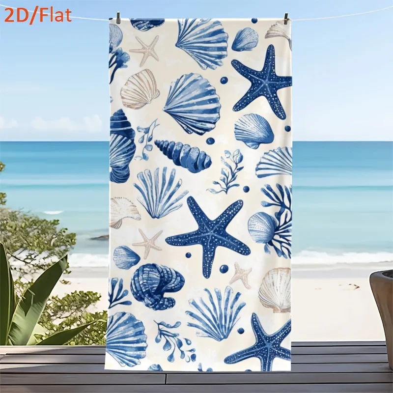Dream of The Ocean Beach Towel, Blue Shell Starfish 2D Flat Design Quick Dry Absorbent for Coastal Vacations Outdoor Travel