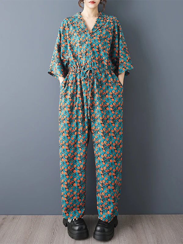 Casual Floral Print One-Piece Wide Leg Pants Loose Waist High Waist Polyester Summer New Arrival Women's Casual Pants