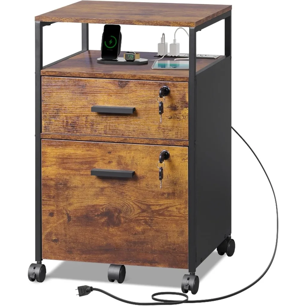 

File Cabinet with Lock, Charging Station & Adjustable Shelf, Rustic Wood Filing Cabinet, Mobile Printer Stand