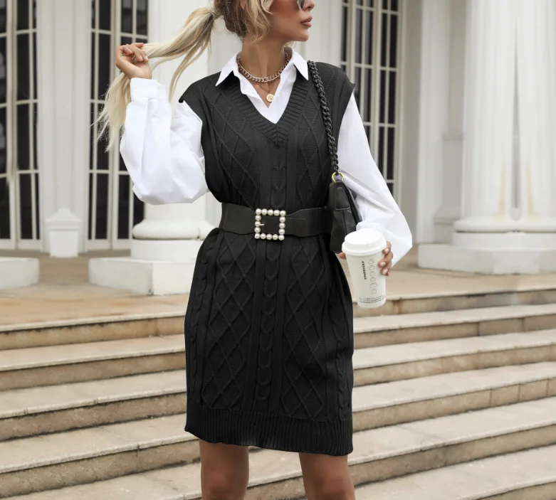 

Autumn New Solid V-Neck Fried Dough Twists Jacquard Knitted Sleeveless Sweater Dress Women Fashion Knitted Sweater Dress