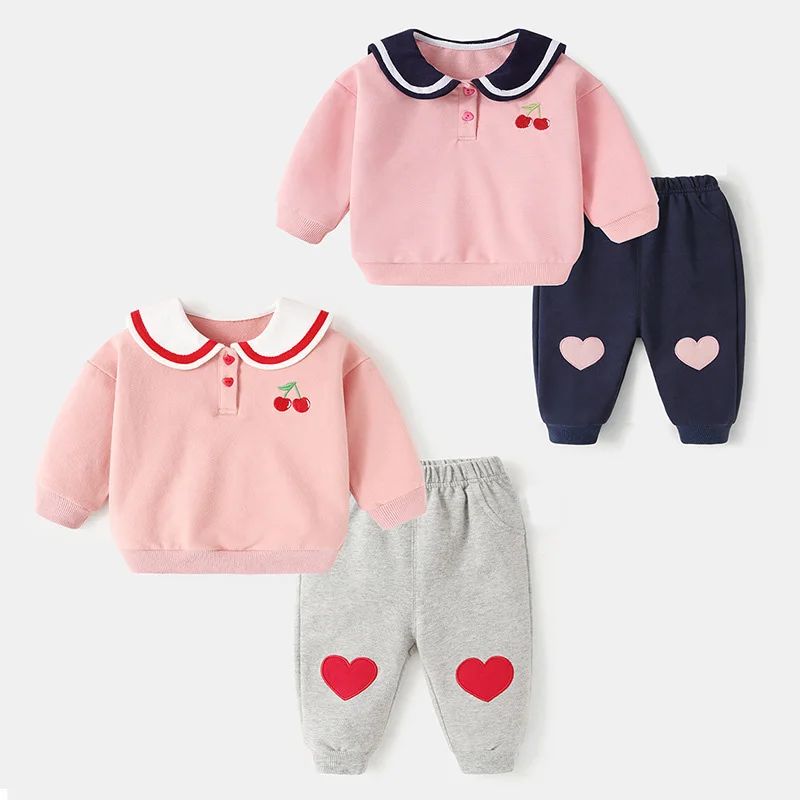 

Autumn Ins Toddler Girls 2PCS Clothes Set Cotton Peter Pan Collar Cherry Sweatshirt Love Print Sport Pant Kids Baby Girl Outfits