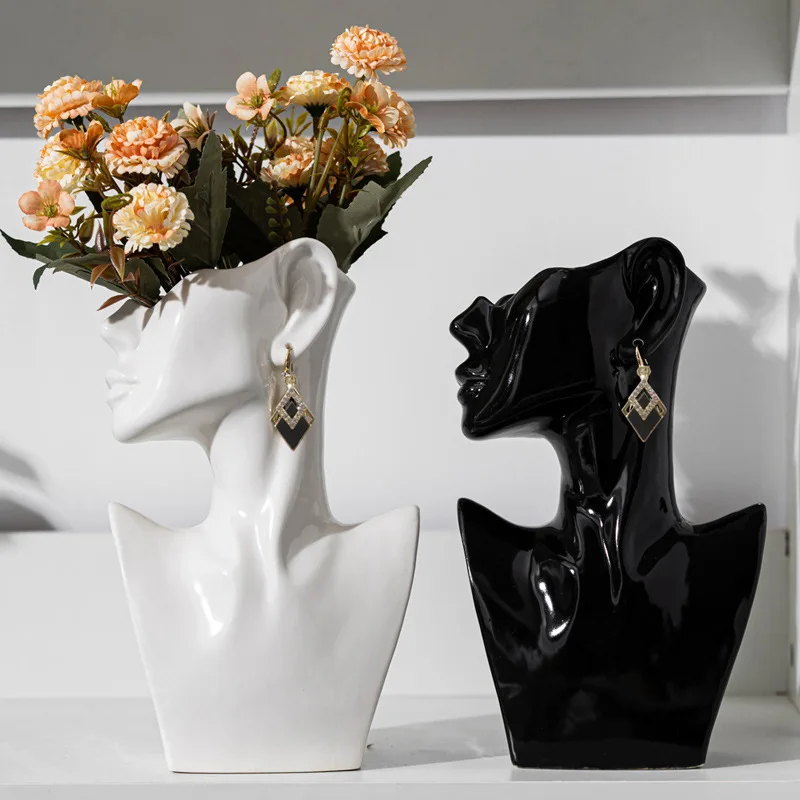 Trendy Nordic Ceramic Flower Vase Creative Black White Side Face With Earrings Art Floral Pot Desktop Home Living Room Decor
