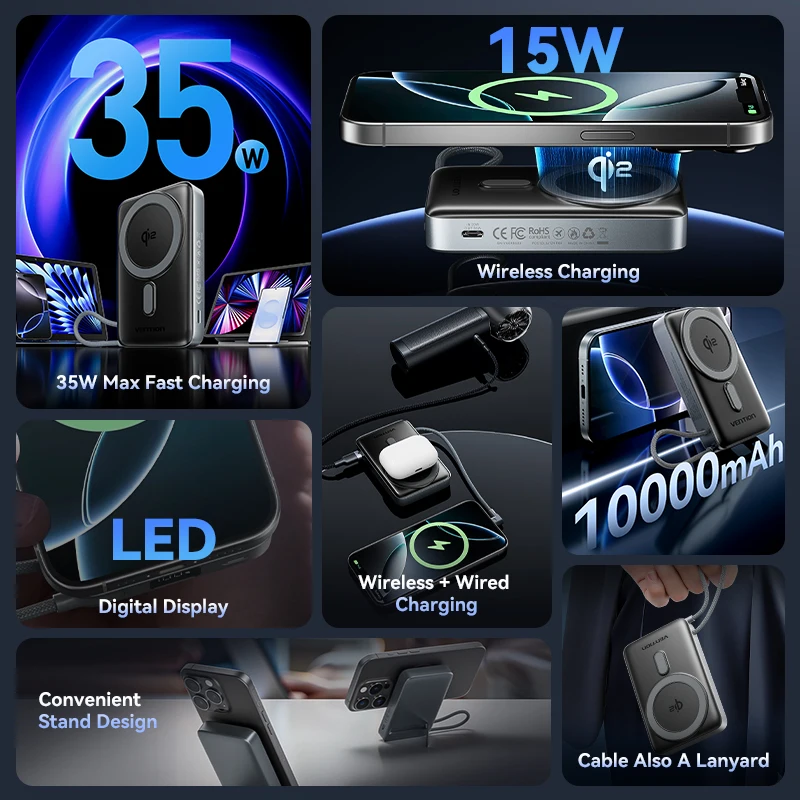 Магнитный блок питания Vention 10000 мАч 35 Вт Qi2 15 Вт со встроенным кабелем USB-C, быстрая зарядка PD 20 Вт, складная подставка, для iPhone