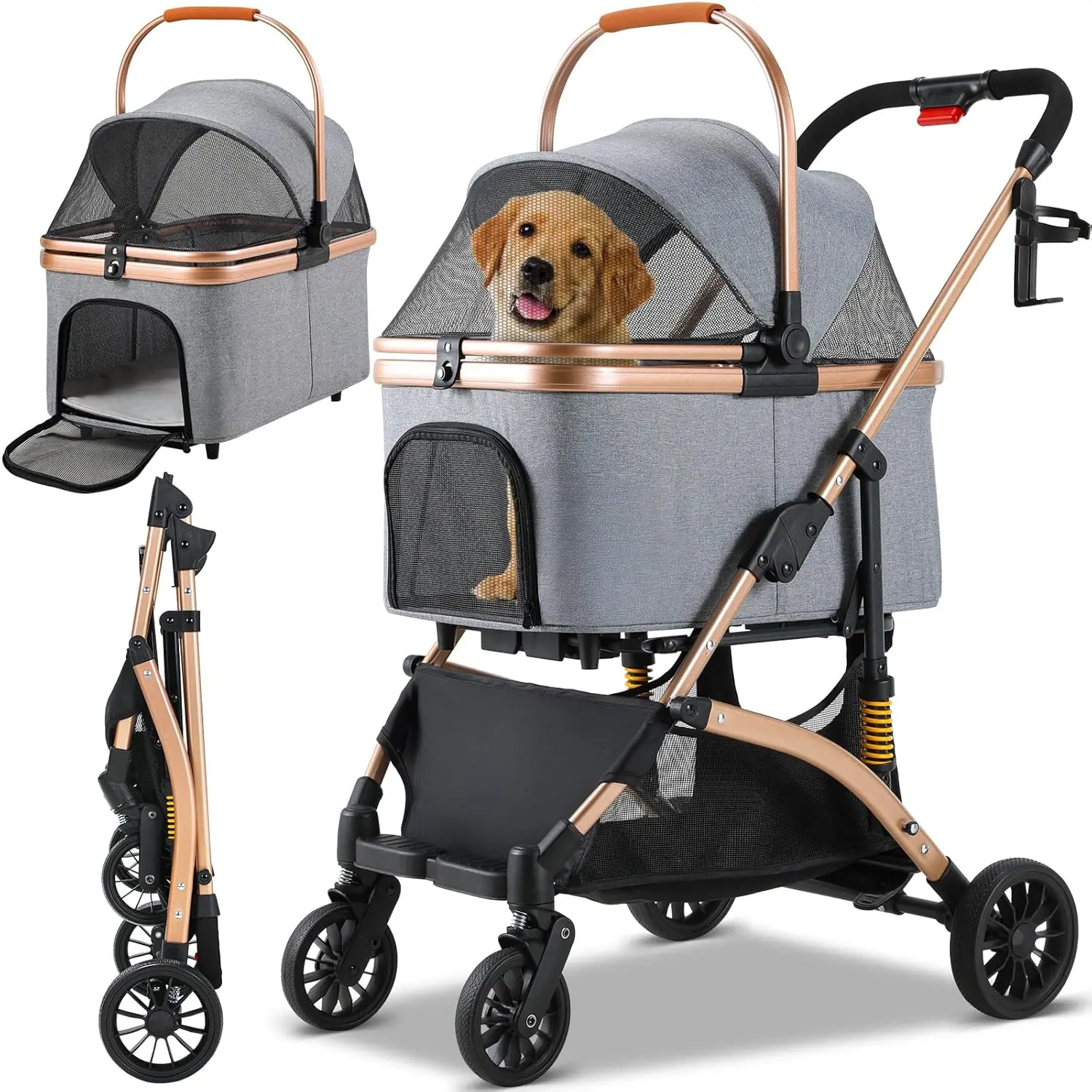 4in1 kinderwagen voor huisdieren Afneembare reistas en autostoeltje, aluminium frame 4-wieler reiskinderwagen voor hond en kat