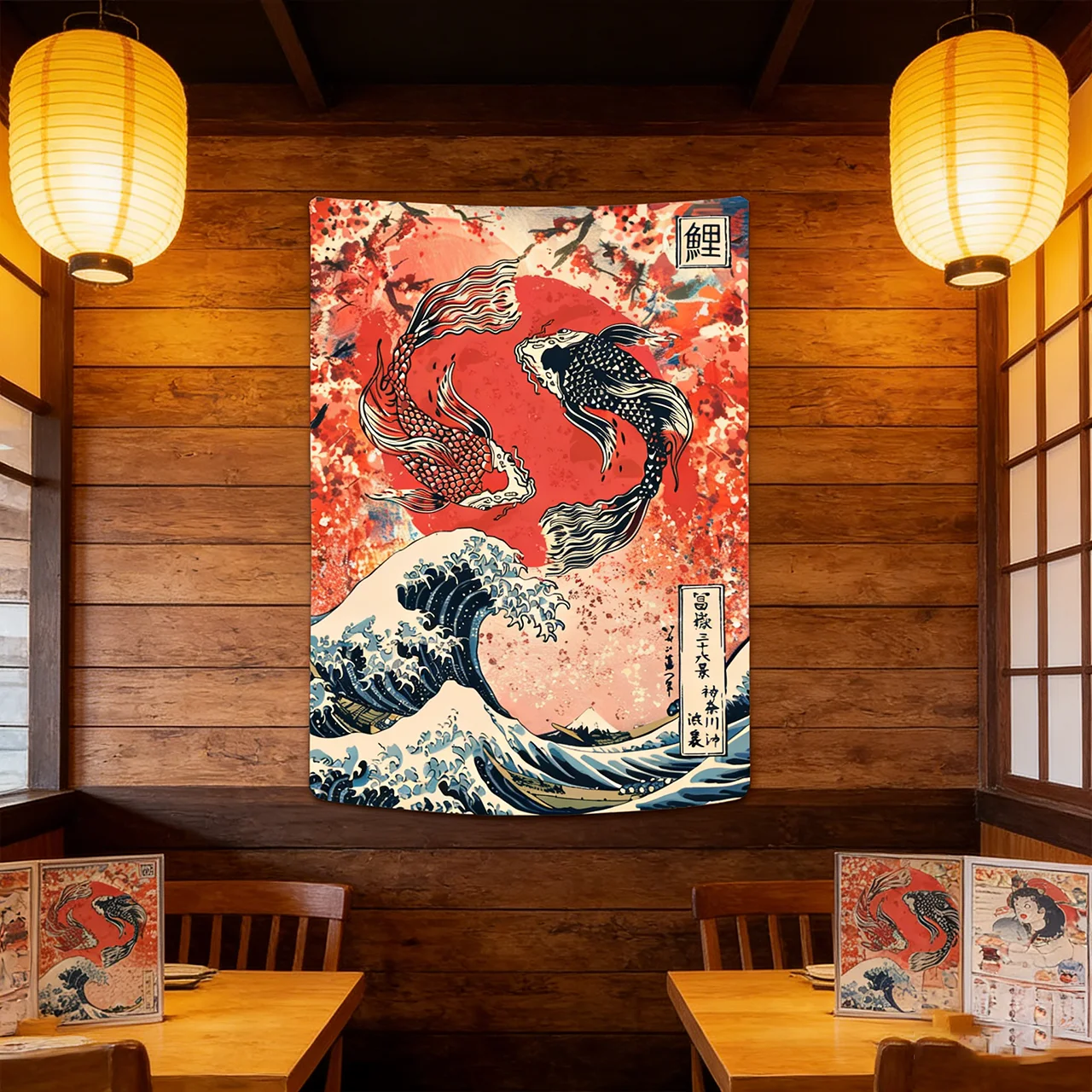 Japanischer Koi-Fisch-Tapisserie |   Tolle Welle Kirschblüte böhmische Wanddekoration |   Schwarz-weiße Innendekoration für den Innenbereich (Flachdruck)