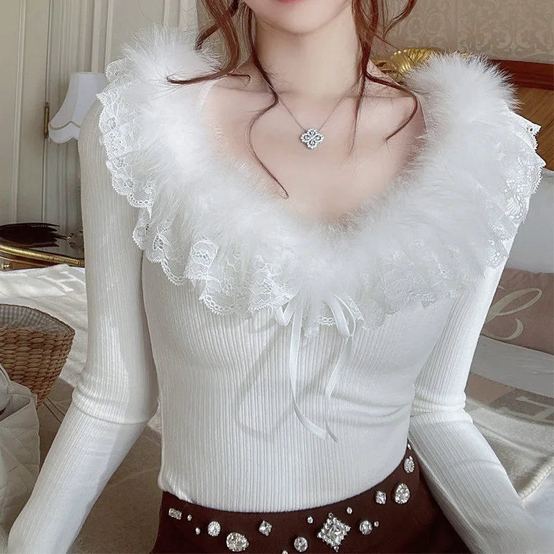 

Fashionable and Exquisite Knitted Sweater with Fur Collar and Lace Design Knitted Sweater for Women Simple Fashionable New Style
