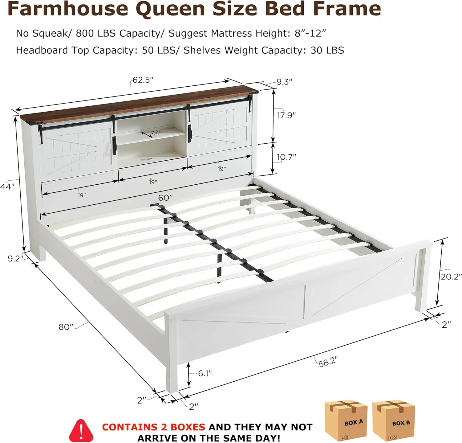 Farmhouse Queen Size Bed Frame w/Storage Bookcase Headboard, Sliding Barn Door, Charging Station, Rustic Wood Platform B