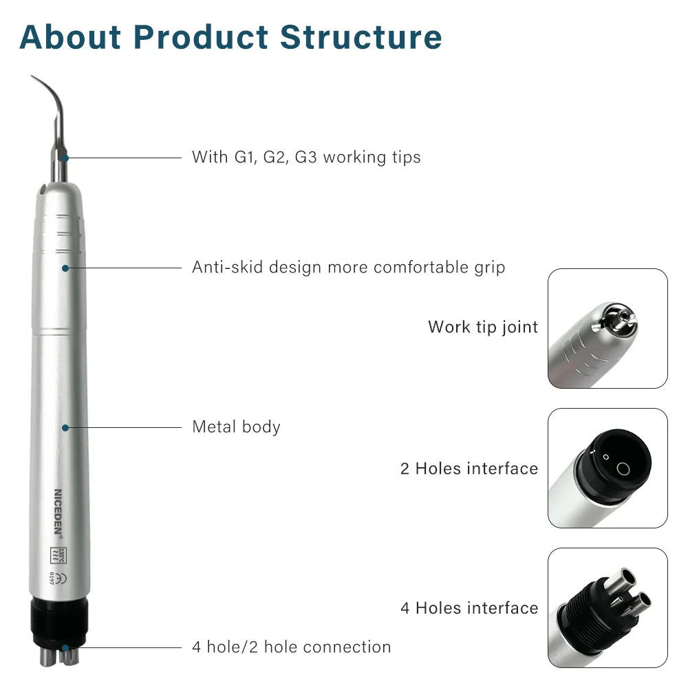 Dental Ultrasonic Air Scaler com 3 Dicas, Dente Calculus Remover, Ferramenta de limpeza, Handpiece, Whiten, 2 Buracos, 4 Buracos