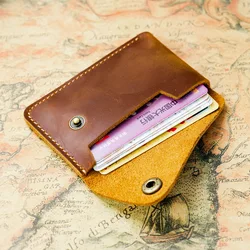 New Handmade Simple Cowhide Card Set with Snap Button Zero Wallet Crazy Horse Skin Japanese Vintage Card Bag