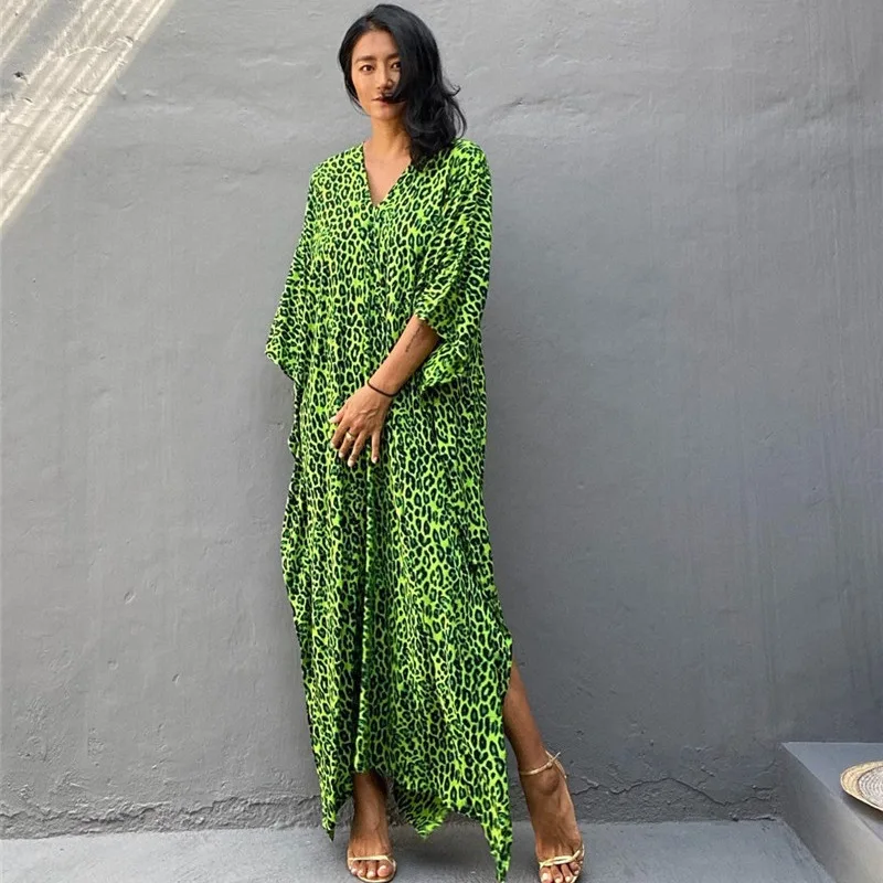 Trendy Lightweight Rayon Beach Cover Up Dress Featuring Bold Leopard Print Perfect for Swimming Sun Protection and Resort Outfit