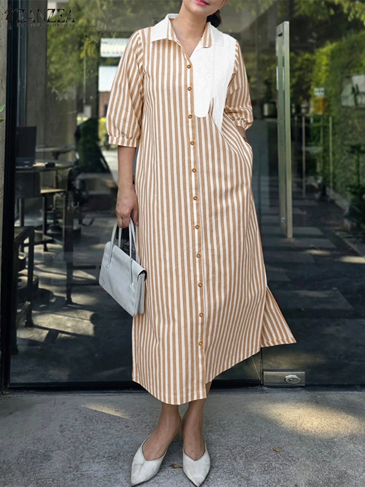 2025ZANZEA Mode Herbst Hemd Kleid Frauen Elegante 3/4 Hülse Gestreiften Arbeit Kleider Büro Tragen Sommerkleid Patchwork Vestidos Robe