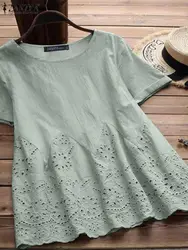 ZANZEA Women Elegant Lace Patchwork Blouses 2024 Summer Casual Loose O Neck Short Sleeve Blusas Holiday Solid Color Tunic Tops