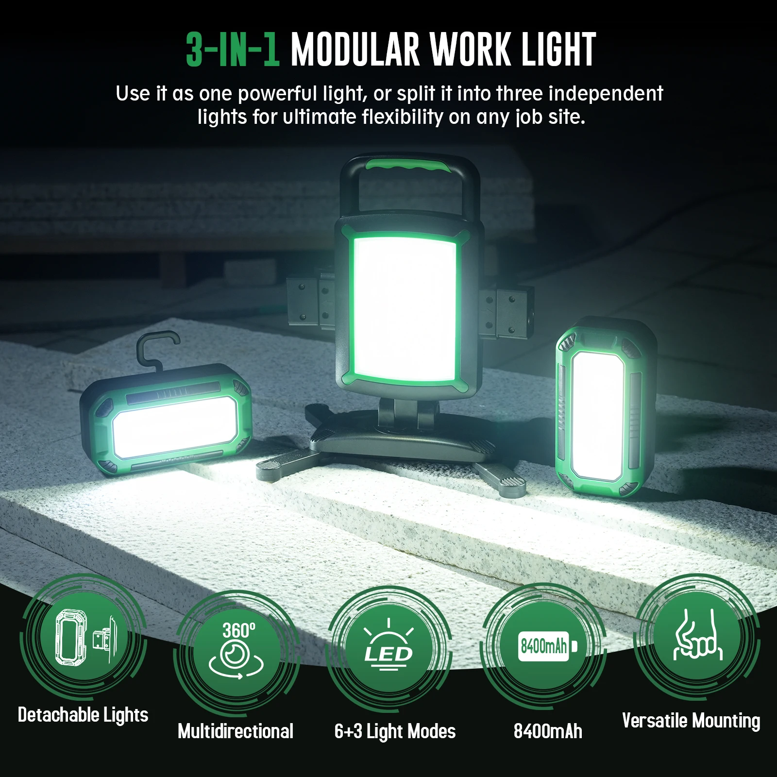 ضوء عمل قابل لإعادة الشحن 50 وات، ضوء عمل مغناطيسي 3 في 1 مع مصباحين كاشفين قابلين للفصل، 9 أوضاع، مصباح عمل LED محمول مع خطافات #2