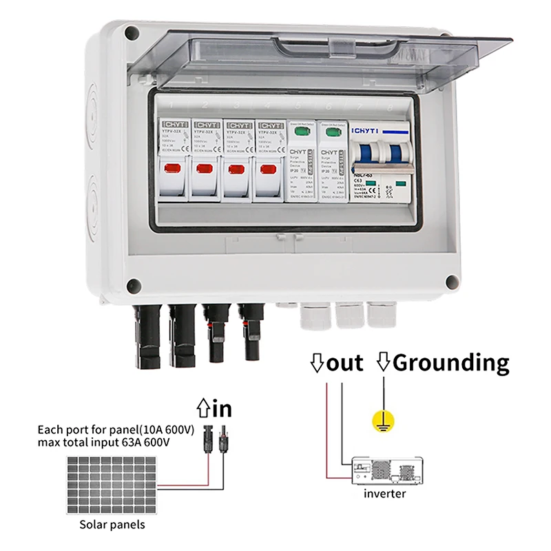 XIONGISOLAR Scatola combinatrice solare fotovoltaica fotovoltaica con protezione contro i fulmini 2 ingressi 1 uscita DC 600V Fusibile MCB SPD Scatola impermeabile