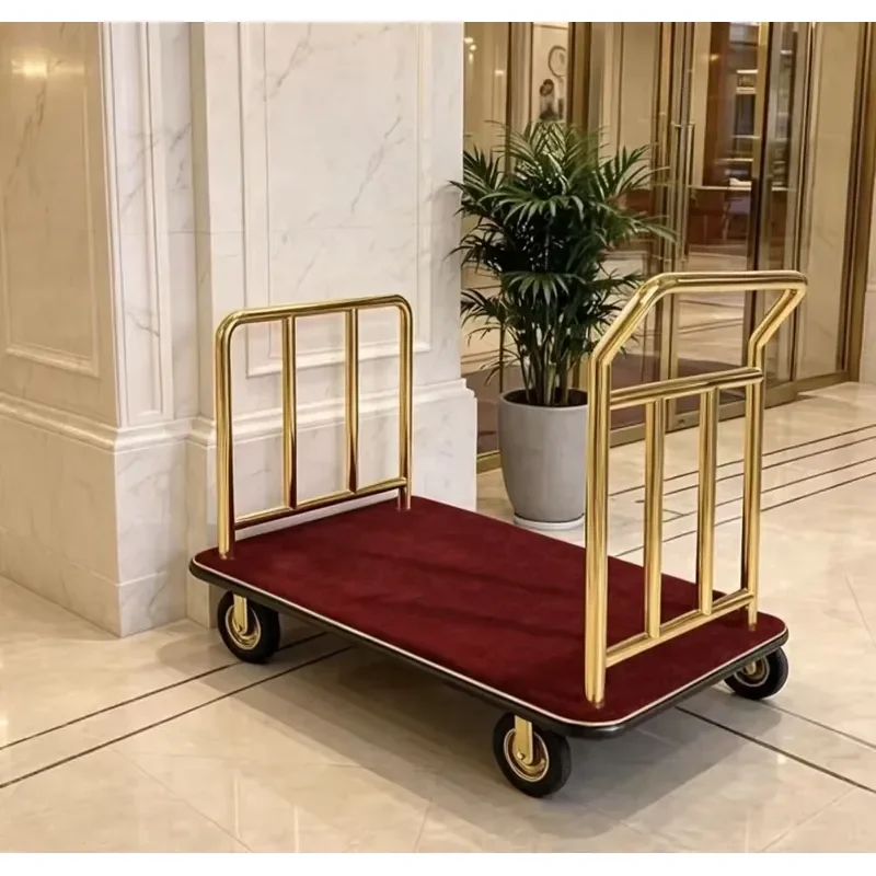 Hotel Luggage Cart Lobby SS Gold Veneer Flat Bottom Transporter Silent Wheel Heavy Duty Trailer