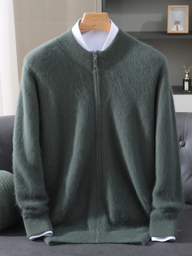

100% Mink Cashmere Men's Cardigan Half High Collar Autumn Winter Thick Casual Fashion Zipper Knitted Long Velvet Sweater