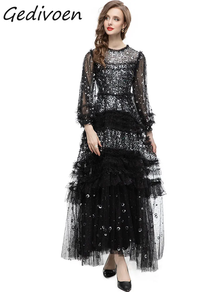 

MoaaYina Summer Fashion Designer Black Vintage Mesh Dress Women's O Neck Long Sleeve Sequins Ruffles High Waist Slim Long Dress