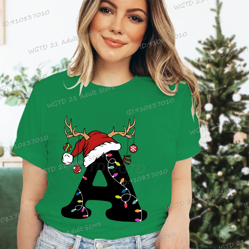 

Christmas Alphabet A-Z Tshirt Women Printed Retro Harajuku Xmas Letters Fashion Tee Short Sleeve Christmas Gifts Camisetas Mujer