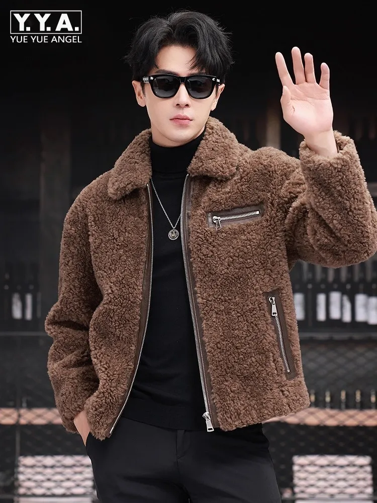 New Fashion Mens Winter Real Sheep Fur Jacket Lapel Collar Zipper Business Work Thick Warm Overcoat Natural Wool Outerwear Coats