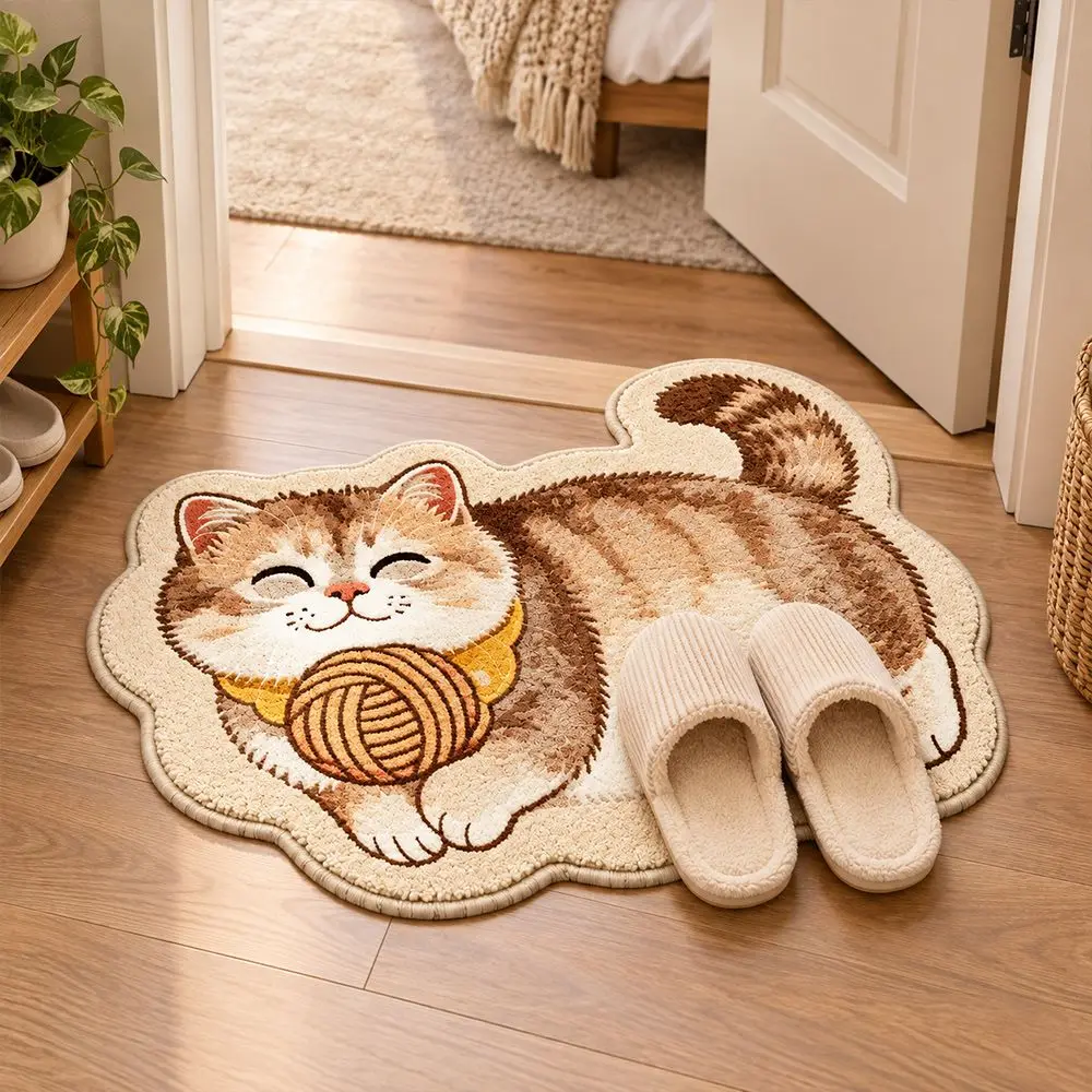 Cute Crystal Velvet Cat-Shaped Area Rug 2D Soft Bathroom Carpet Non-Slip Washable Entryway Floor Mat Home Decor