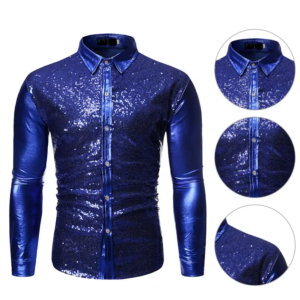 Camisa elegante de fiesta para hombre, camisa de lentejuelas doradas brillantes de un solo pecho, ropa de trabajo