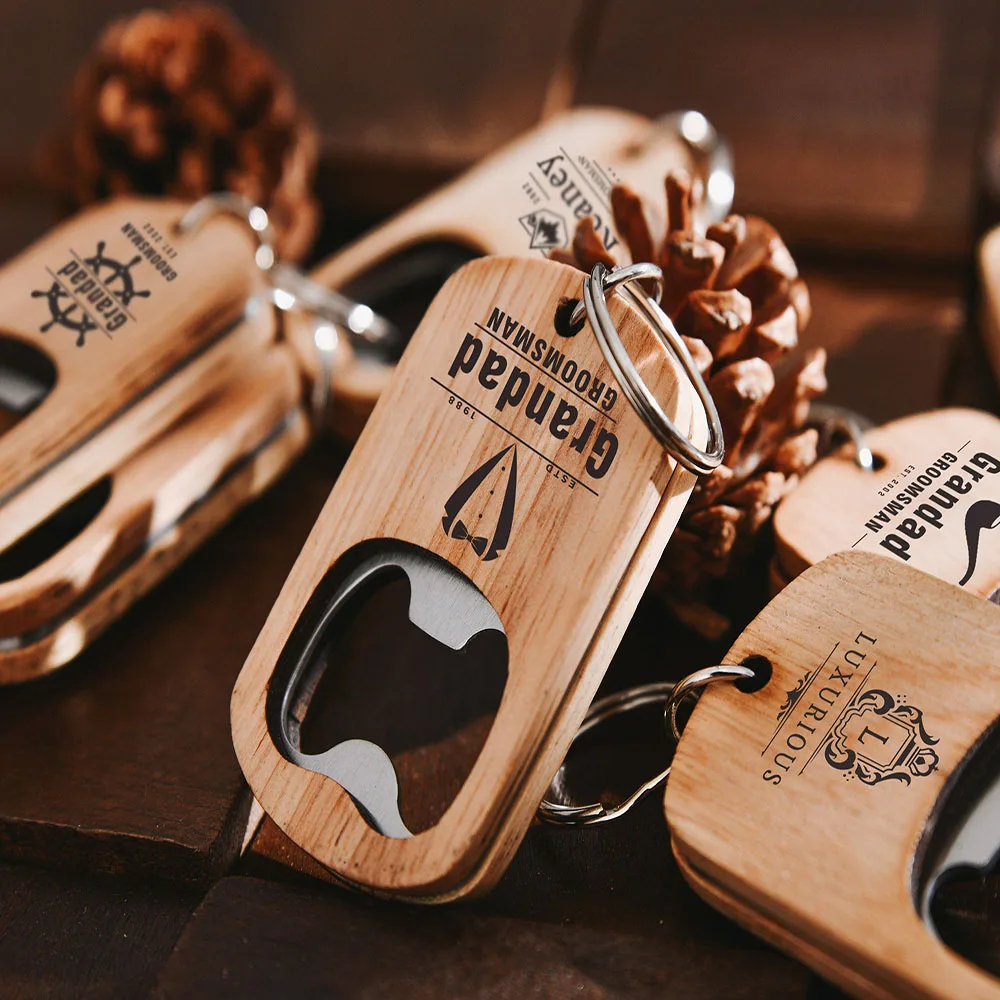 Personalized Hand Carved Wooden Keychain with Bottle Opener for Groomsmen Wedding Decoration  Party   Banquet  Camping  Favors